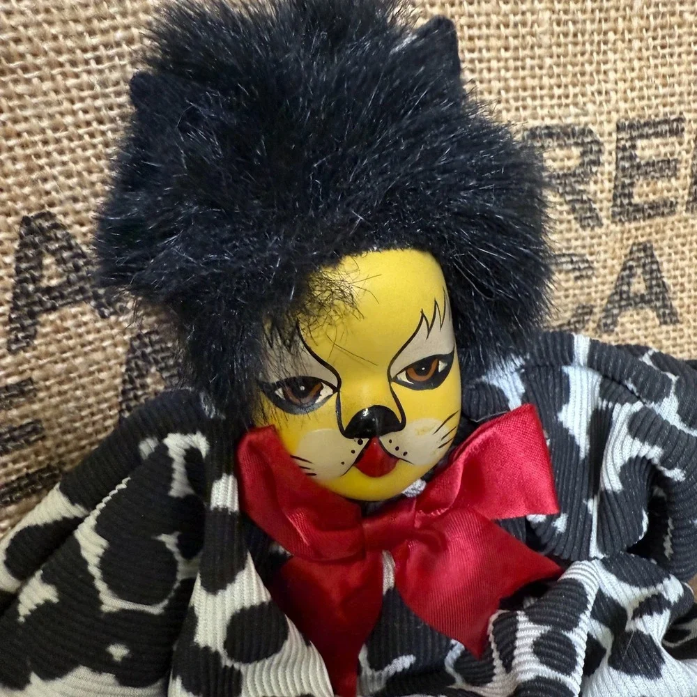 Vintage Porcelain Head Cat Clown Doll Leopard Print Body Fur Trim Red Bow